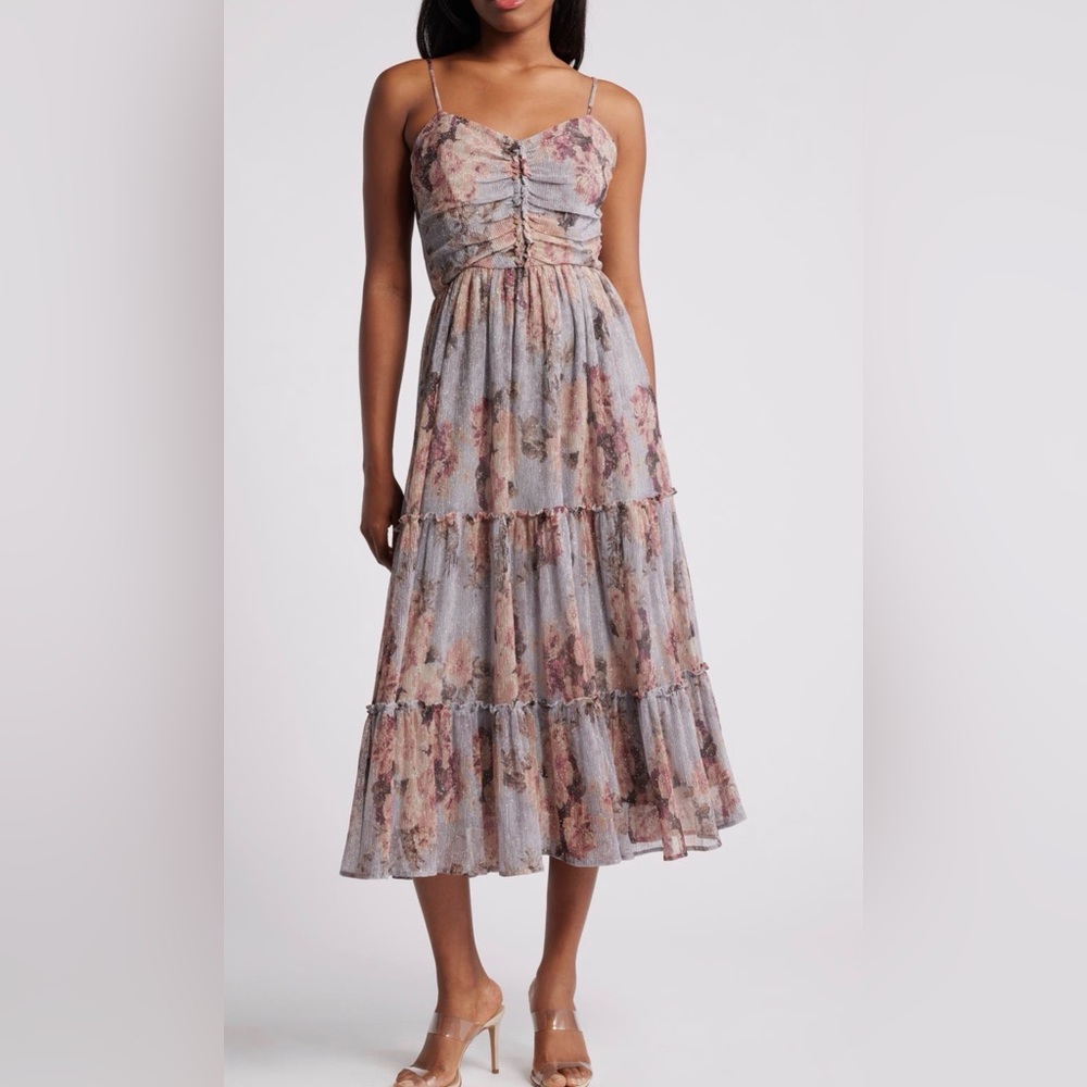 Metallic Floral Print A-Line Dress